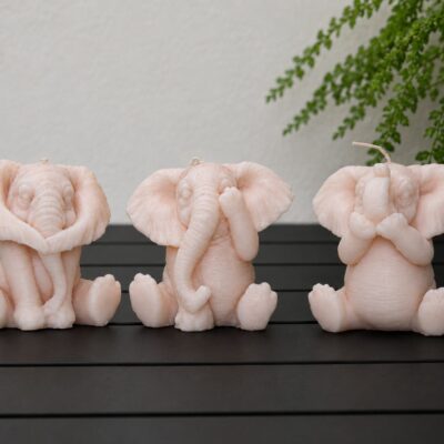 Roze olifantjes kaarsen set – horen, zien en zwijgen